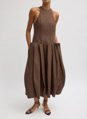 Compact Eco Poplin Pinched Pleat Dress | Tibi Sepia Brown