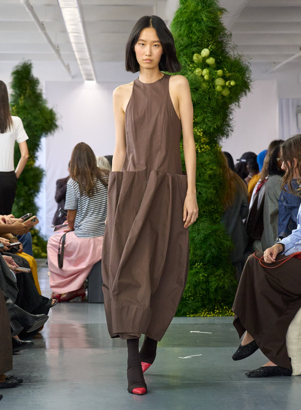 Compact Eco Poplin Pinched Pleat Dress | Tibi Sepia Brown