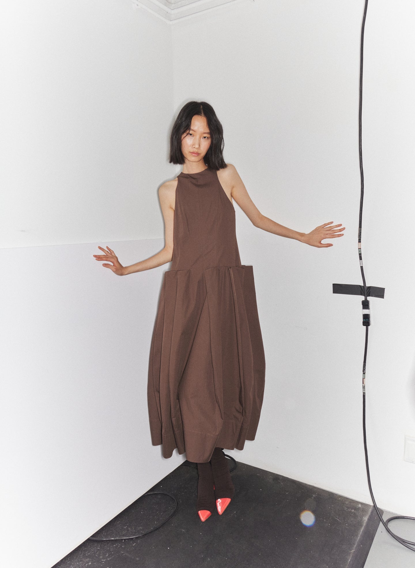 Compact Eco Poplin Pinched Pleat Dress | Tibi Sepia Brown