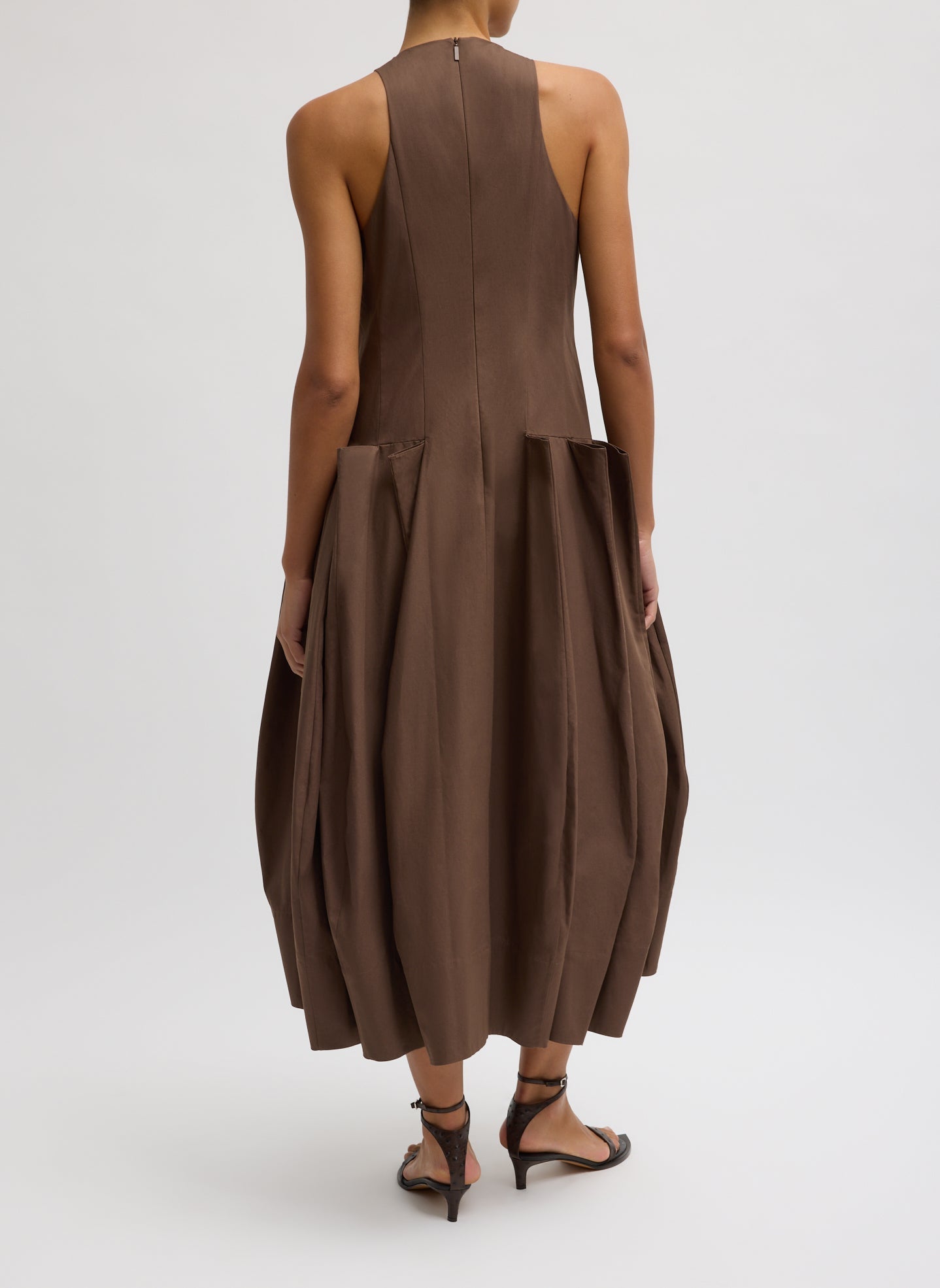Compact Eco Poplin Pinched Pleat Dress | Tibi Sepia Brown