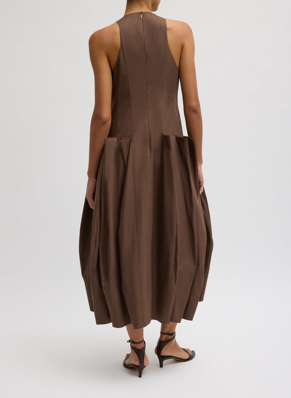 Compact Eco Poplin Pinched Pleat Dress | Tibi Sepia Brown