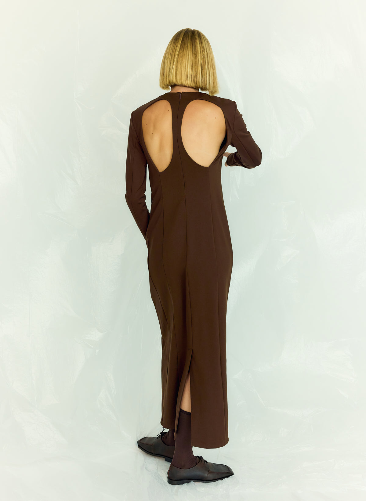 Compact Ultra Stretch Knit Dress With Cut Out Back | Tibi Brown