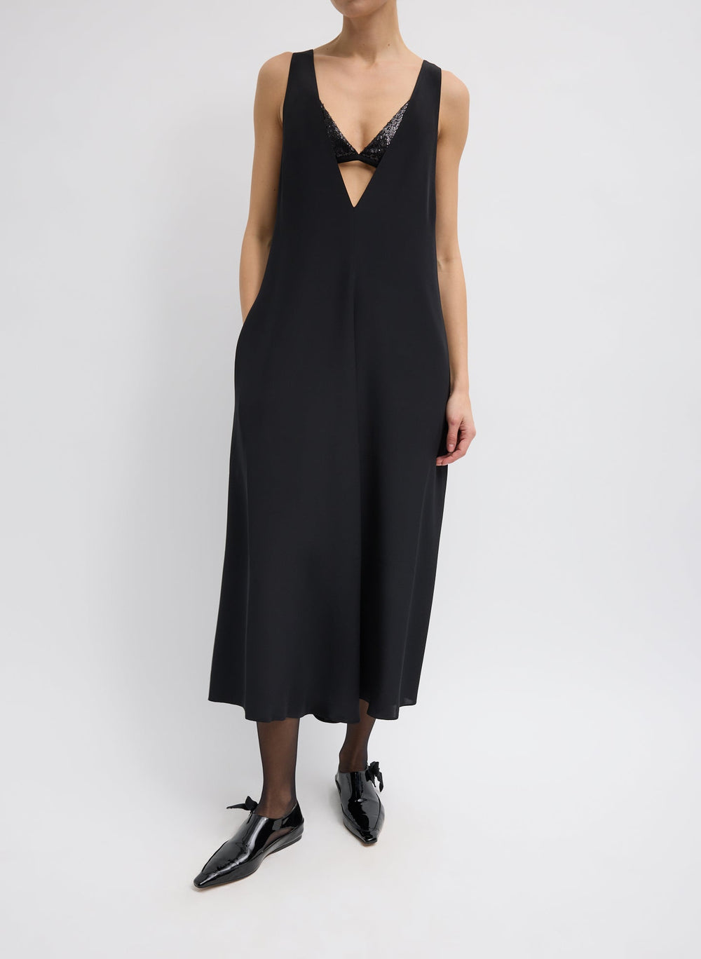 4-Ply Silk V-Neck Dress With Bra | Tibi Black
