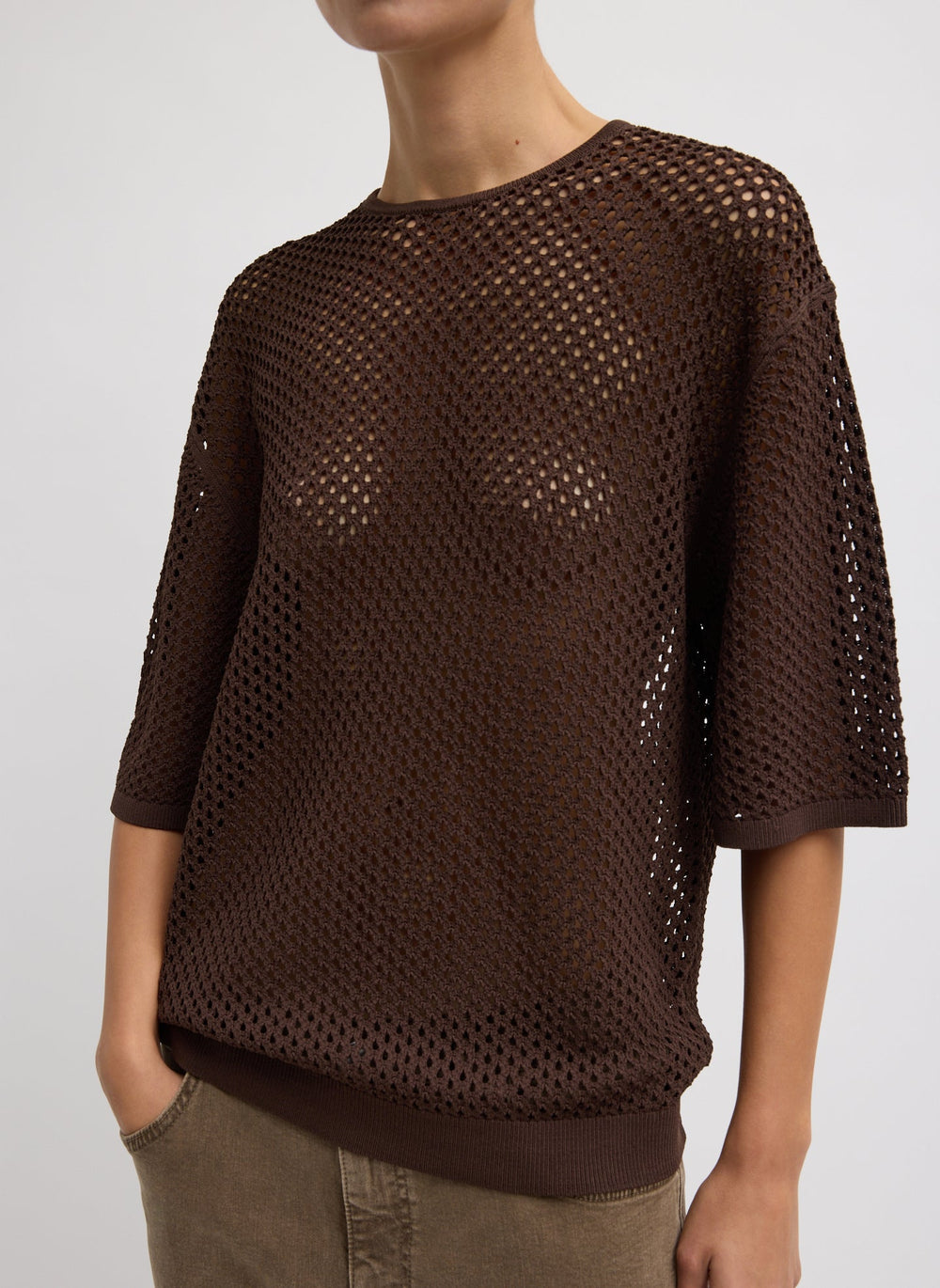 Crochet Netting Oversized Easy T-Shirt | Tibi Hickory Brown