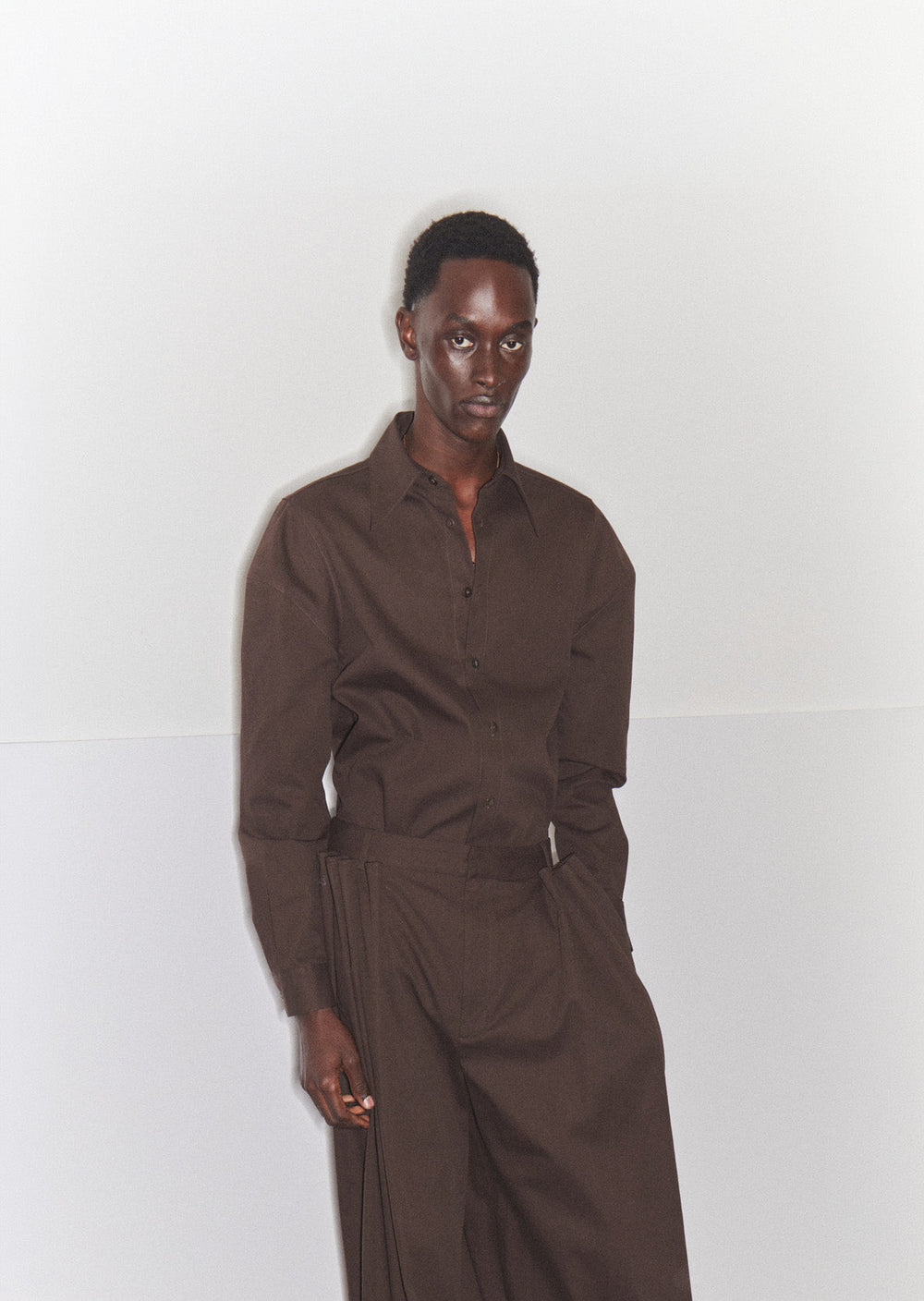 Luxe Spring Twill Hinged Shirt | Tibi Hickory Brown