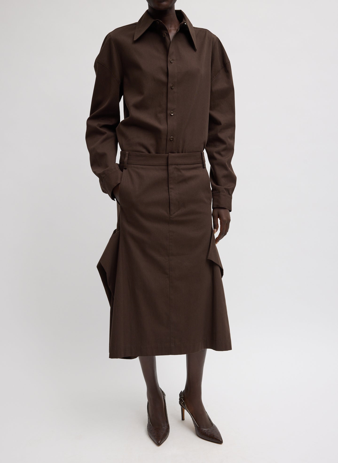 Luxe Spring Twill Hinged Shirt | Tibi Hickory Brown