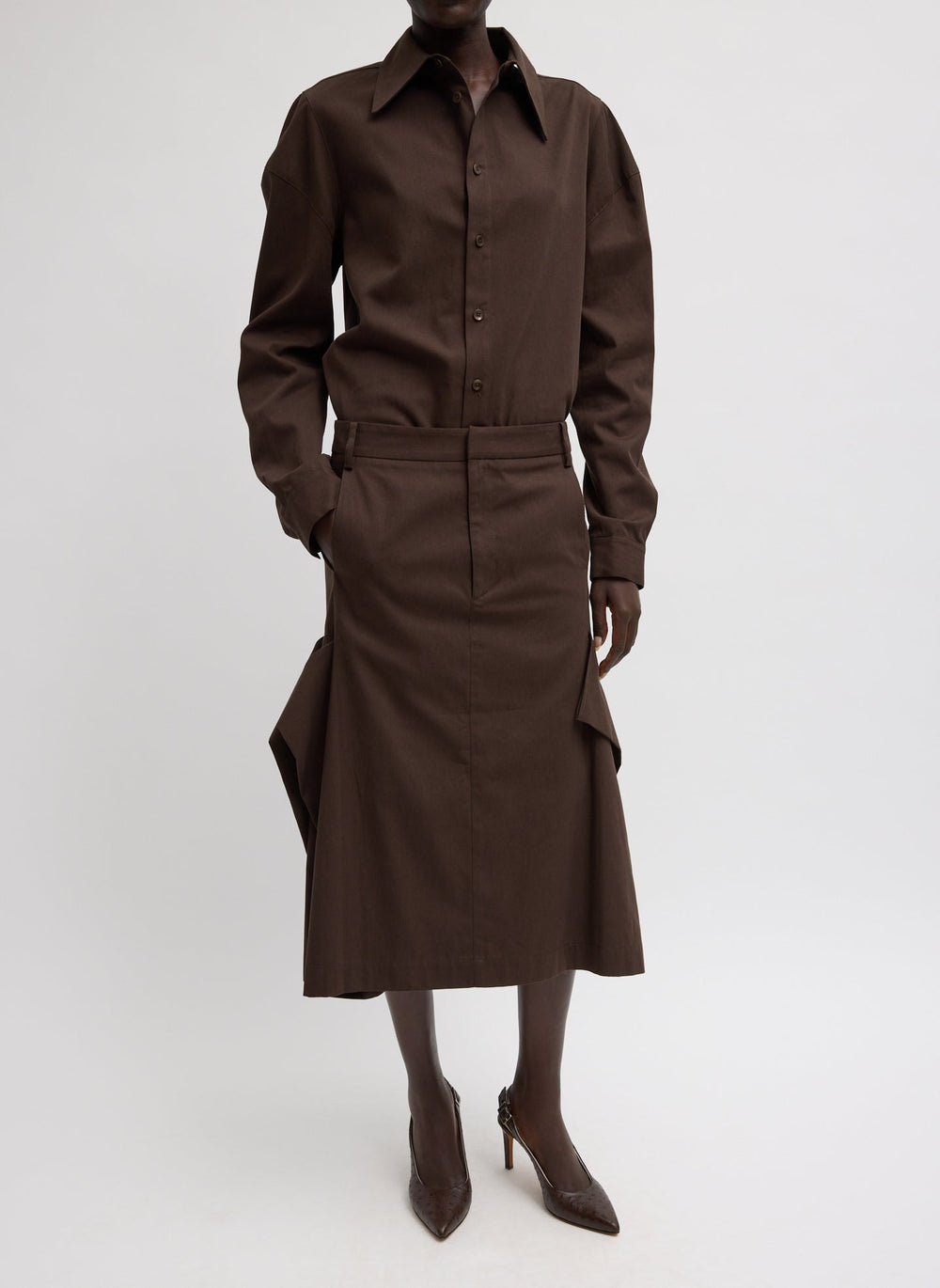 Luxe Spring Twill Hinged Shirt | Tibi Hickory Brown