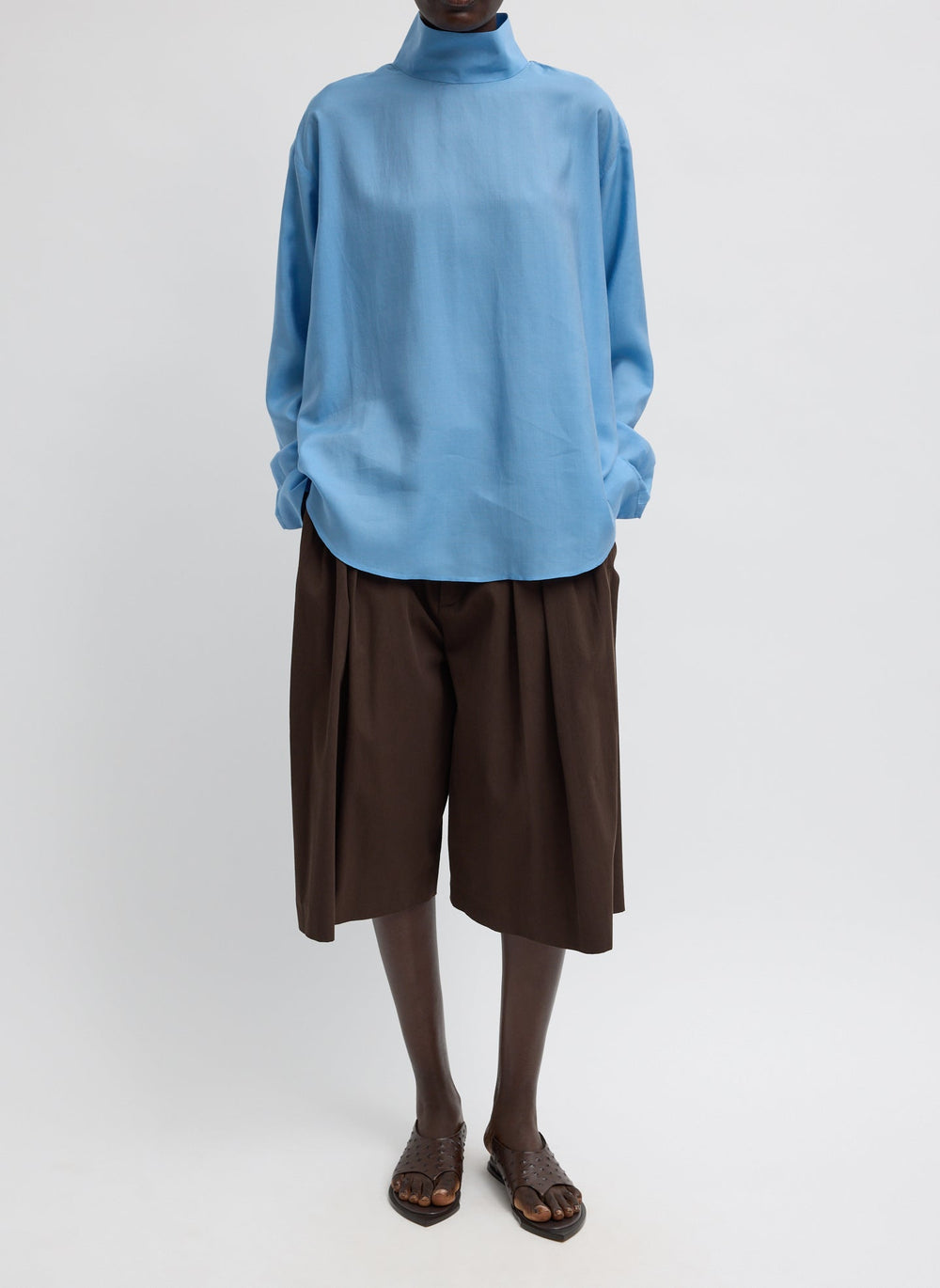 Ultra Light Silk Tencel Funnel Neck Shirt | Tibi Blue