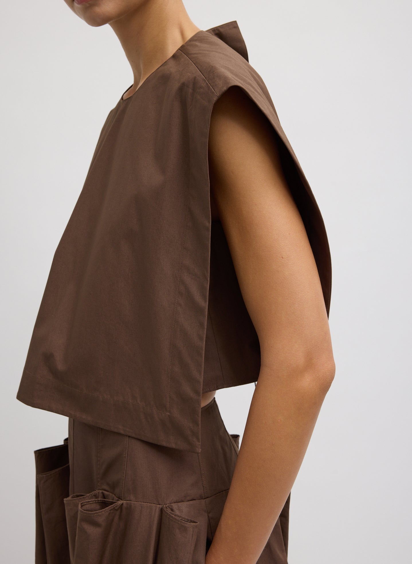 Compact Eco Poplin Cropped Square Top | Tibi Sepia Brown