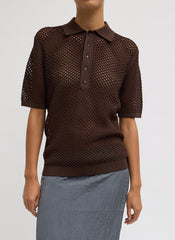 Crochet Netting Slim Polo | Tibi Hickory Brown