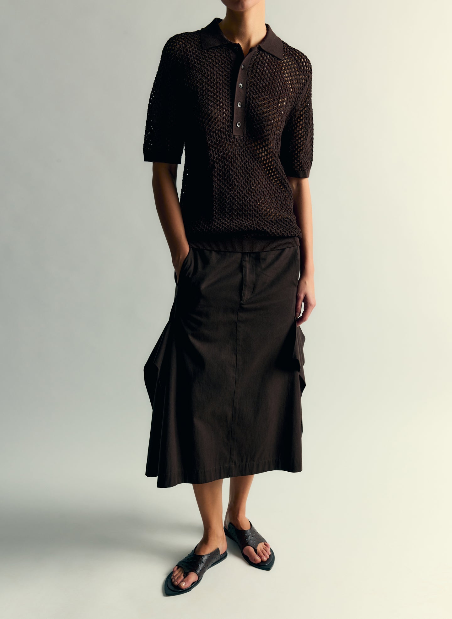 Crochet Netting Slim Polo | Tibi Hickory Brown