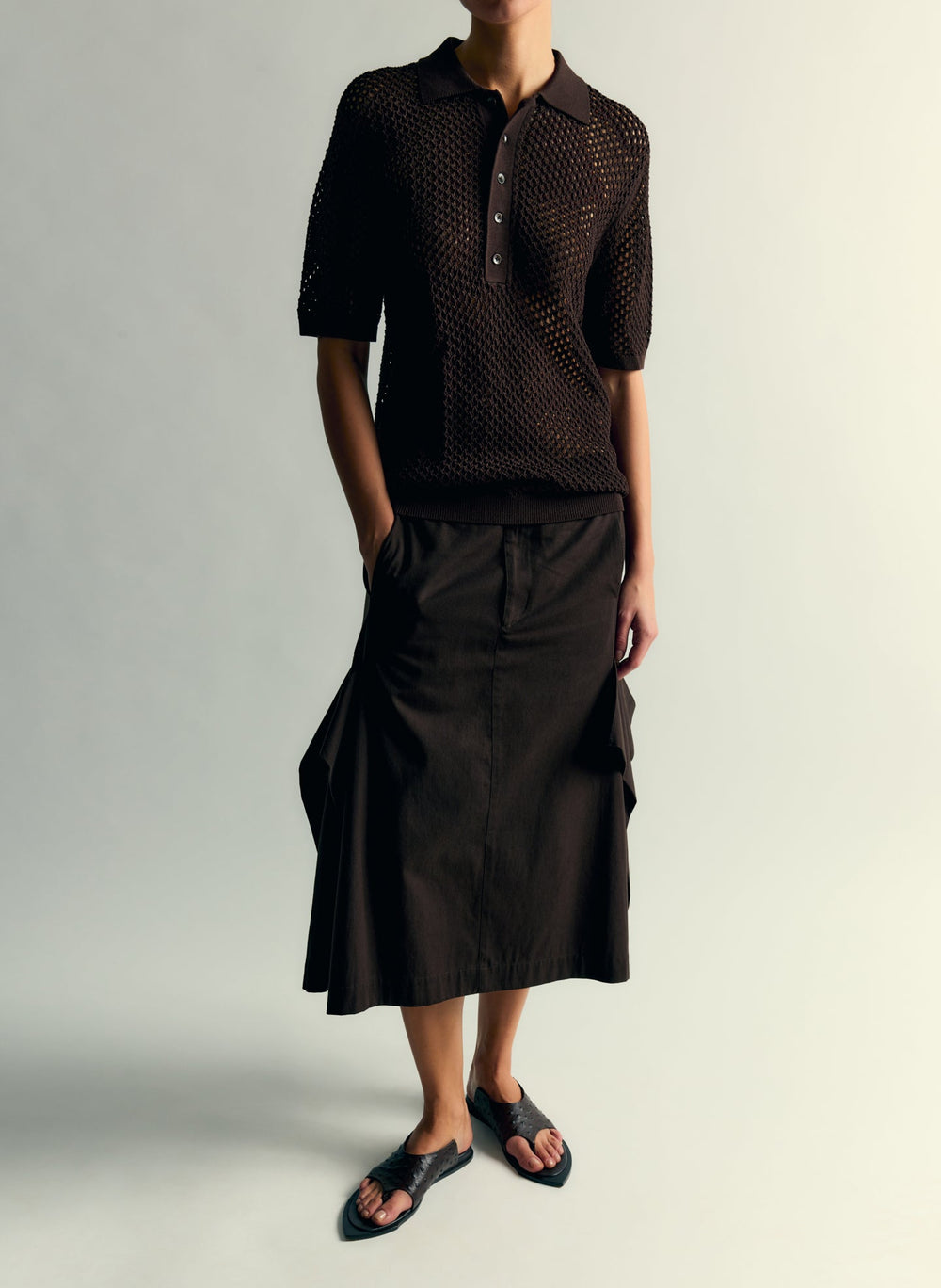 Crochet Netting Slim Polo | Tibi Hickory Brown