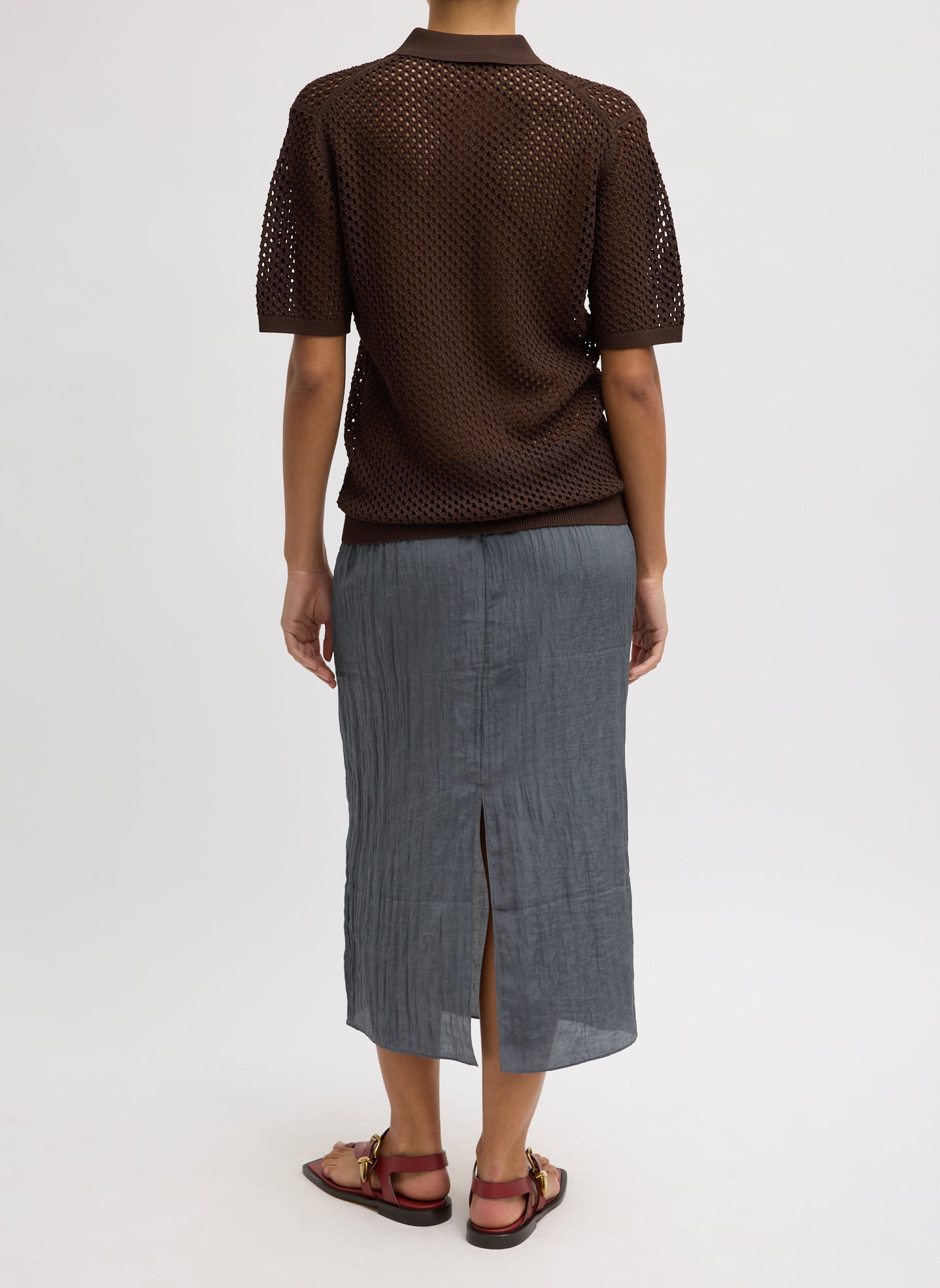 Crochet Netting Slim Polo | Tibi Hickory Brown