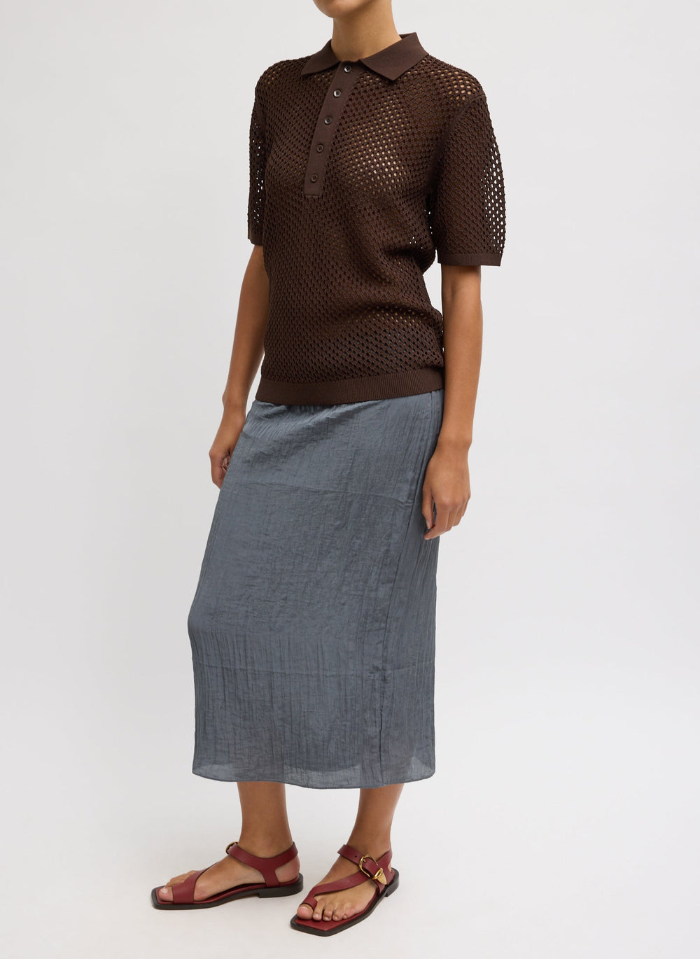 Crochet Netting Slim Polo | Tibi Hickory Brown