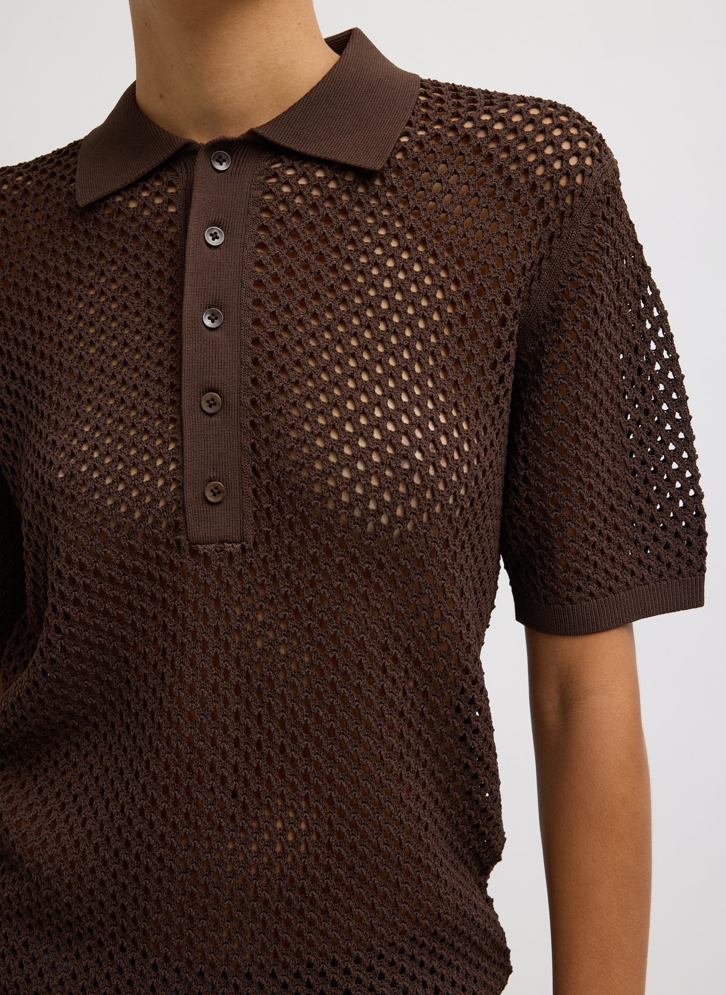 Crochet Netting Slim Polo | Tibi Hickory Brown