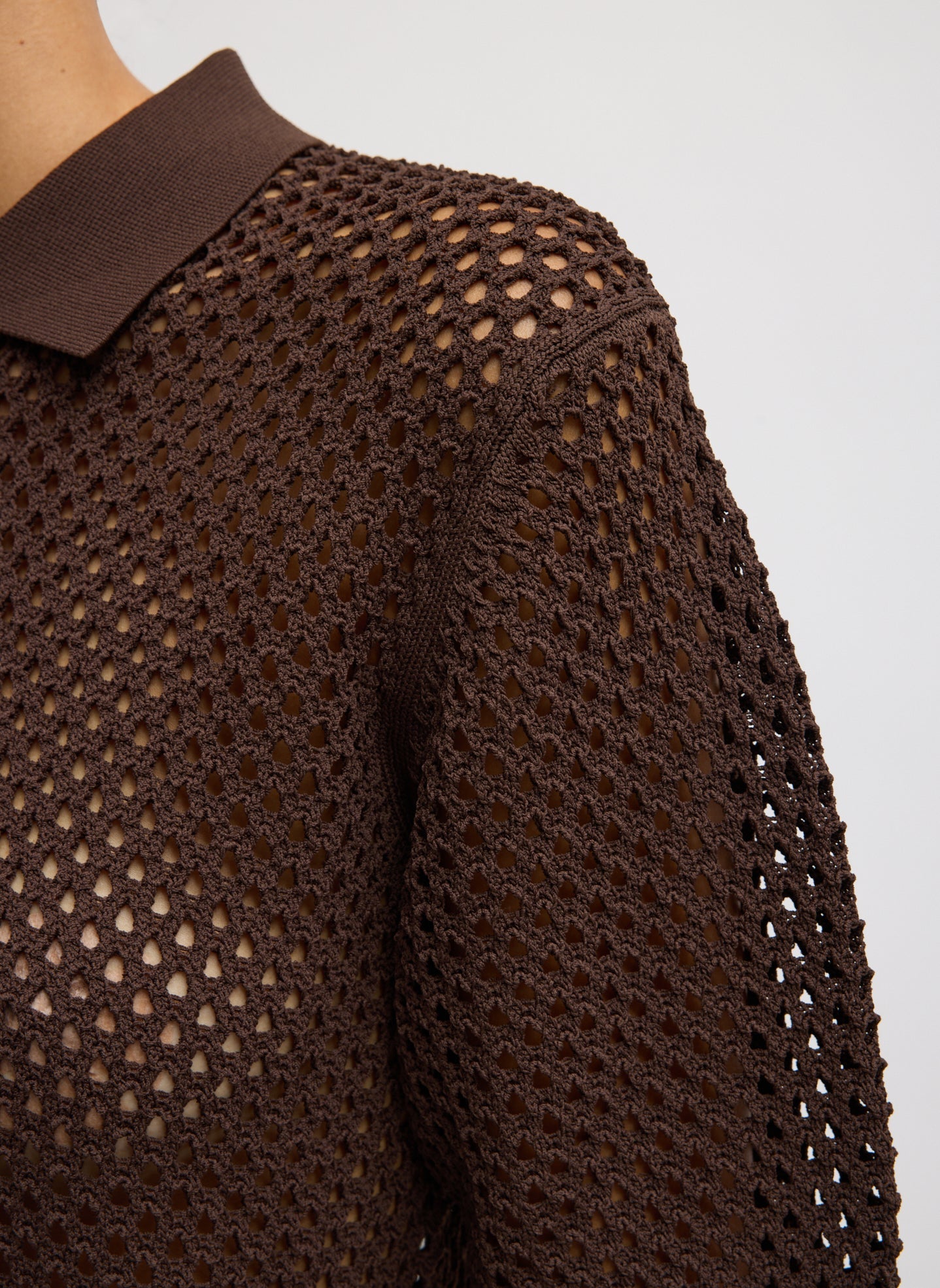 Crochet Netting Slim Polo | Tibi Hickory Brown