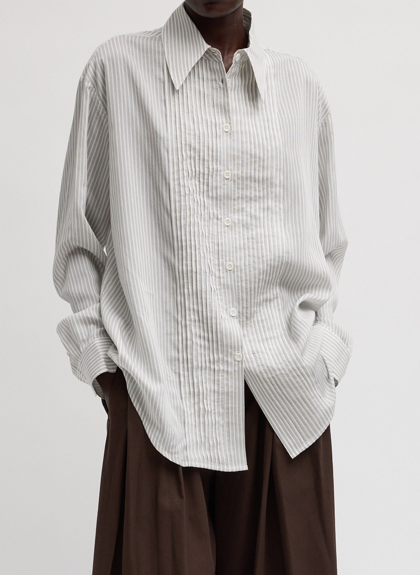 Ultra Light Silk Tencel Striped Pintucked Shirt | Tibi White Grey Multi