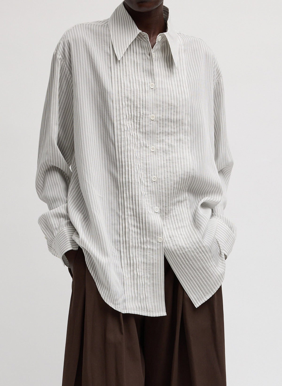 Ultra Light Silk Tencel Striped Pintucked Shirt | Tibi White Grey Multi