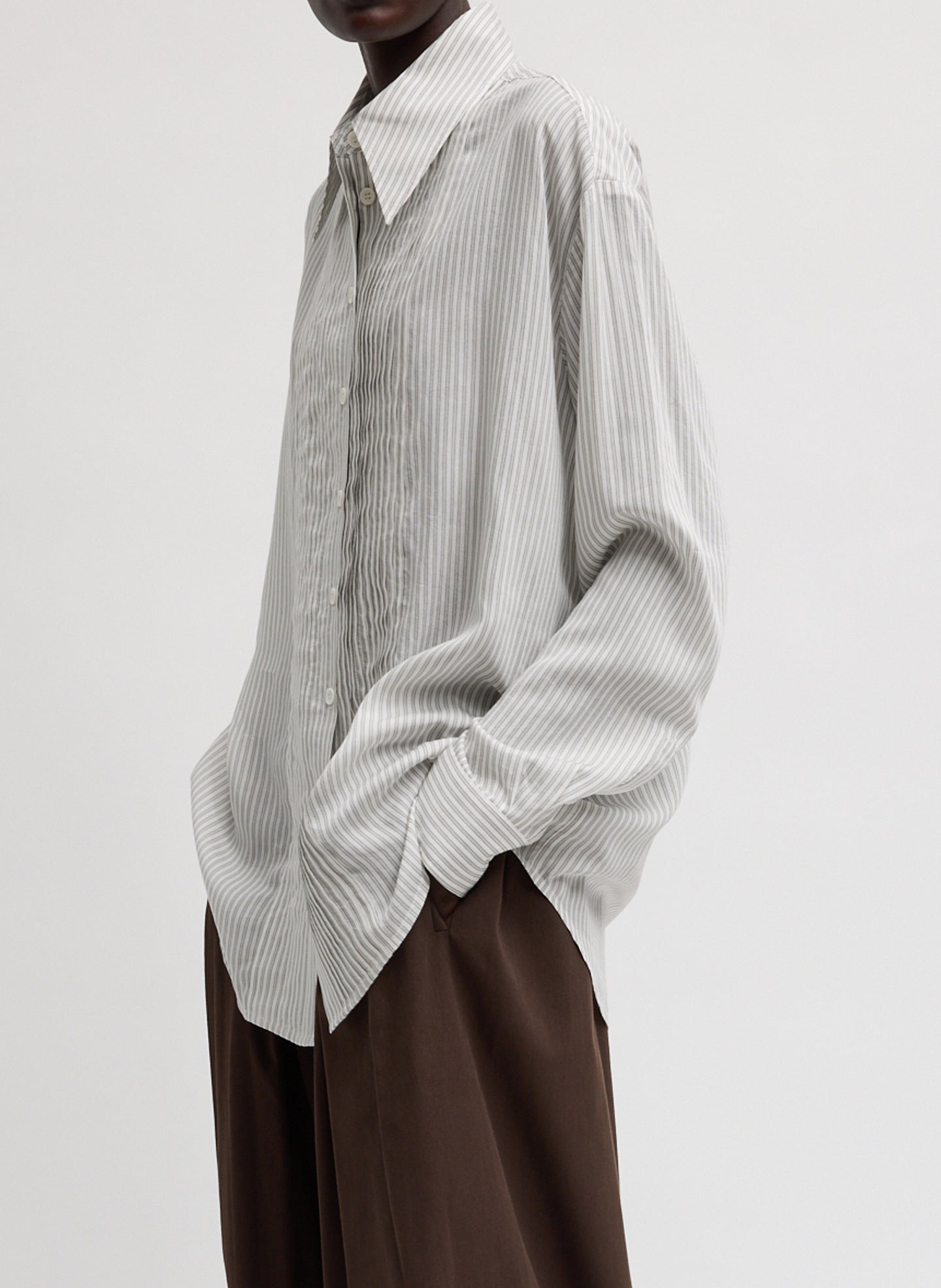 Ultra Light Silk Tencel Striped Pintucked Shirt | Tibi White Grey Multi