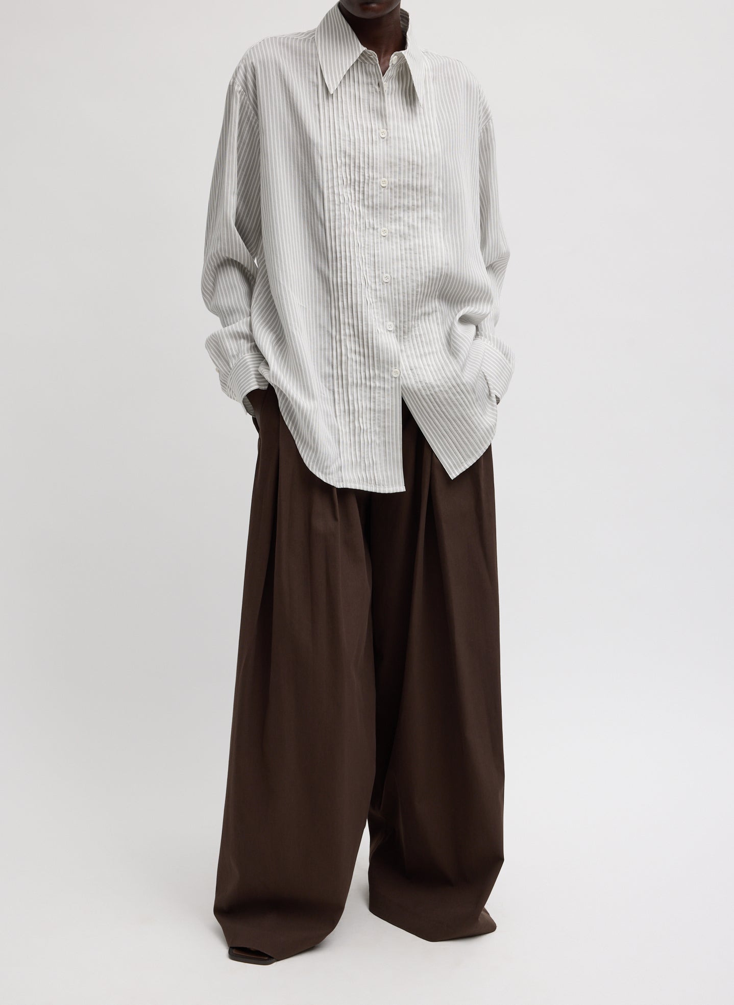 Ultra Light Silk Tencel Striped Pintucked Shirt | Tibi White Grey Multi