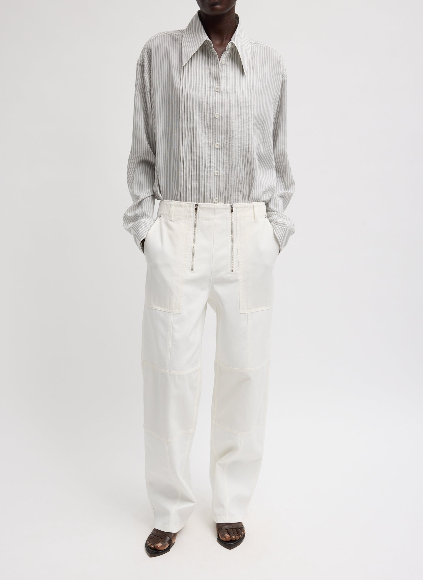 Ultra Light Silk Tencel Striped Pintucked Shirt | Tibi White Grey Multi