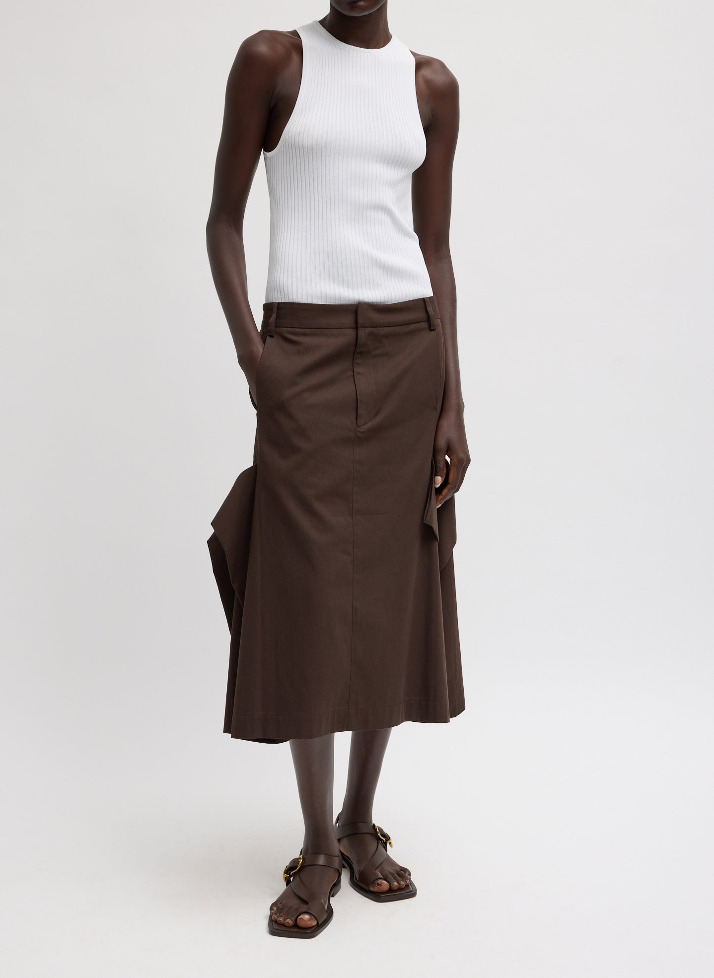 Luxe Spring Twill Tucked Pleat Skirt | Tibi Hickory Brown