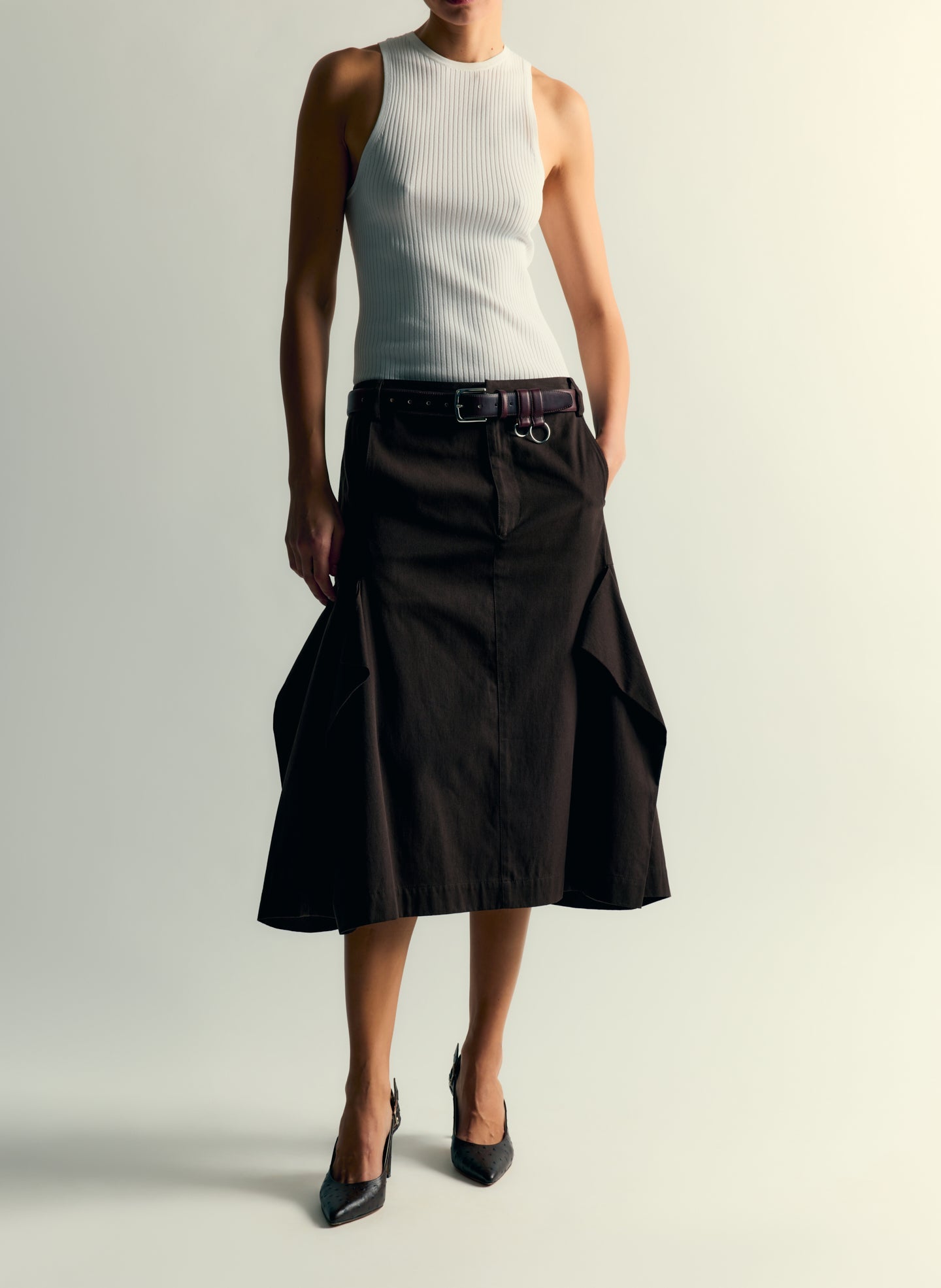 Luxe Spring Twill Tucked Pleat Skirt | Tibi Hickory Brown