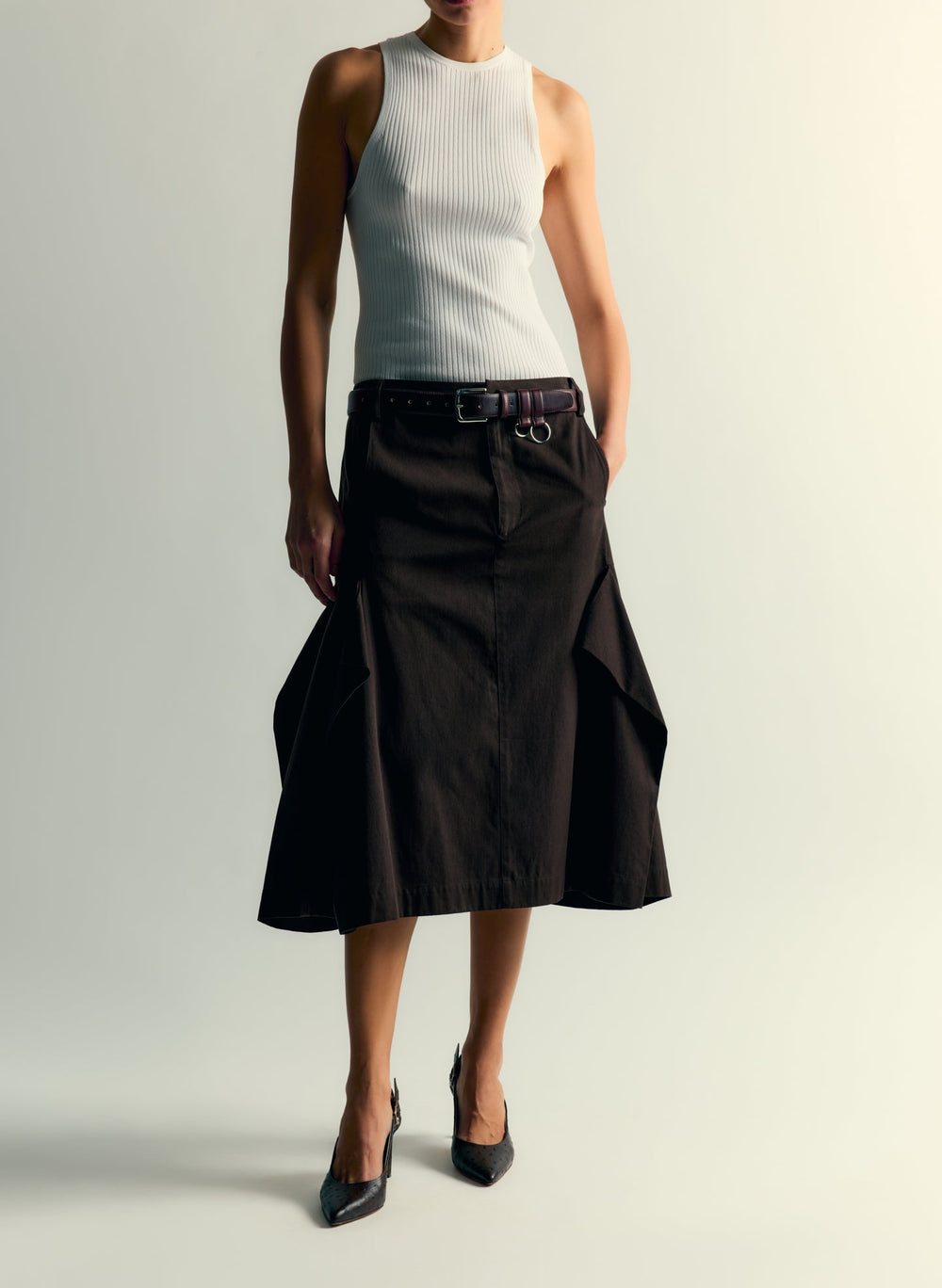 Luxe Spring Twill Tucked Pleat Skirt | Tibi Hickory Brown