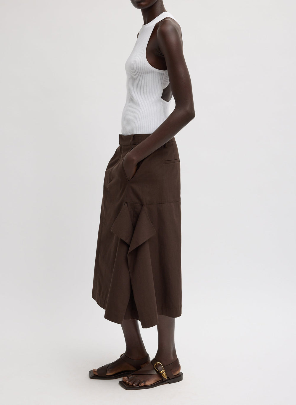 Luxe Spring Twill Tucked Pleat Skirt | Tibi Hickory Brown