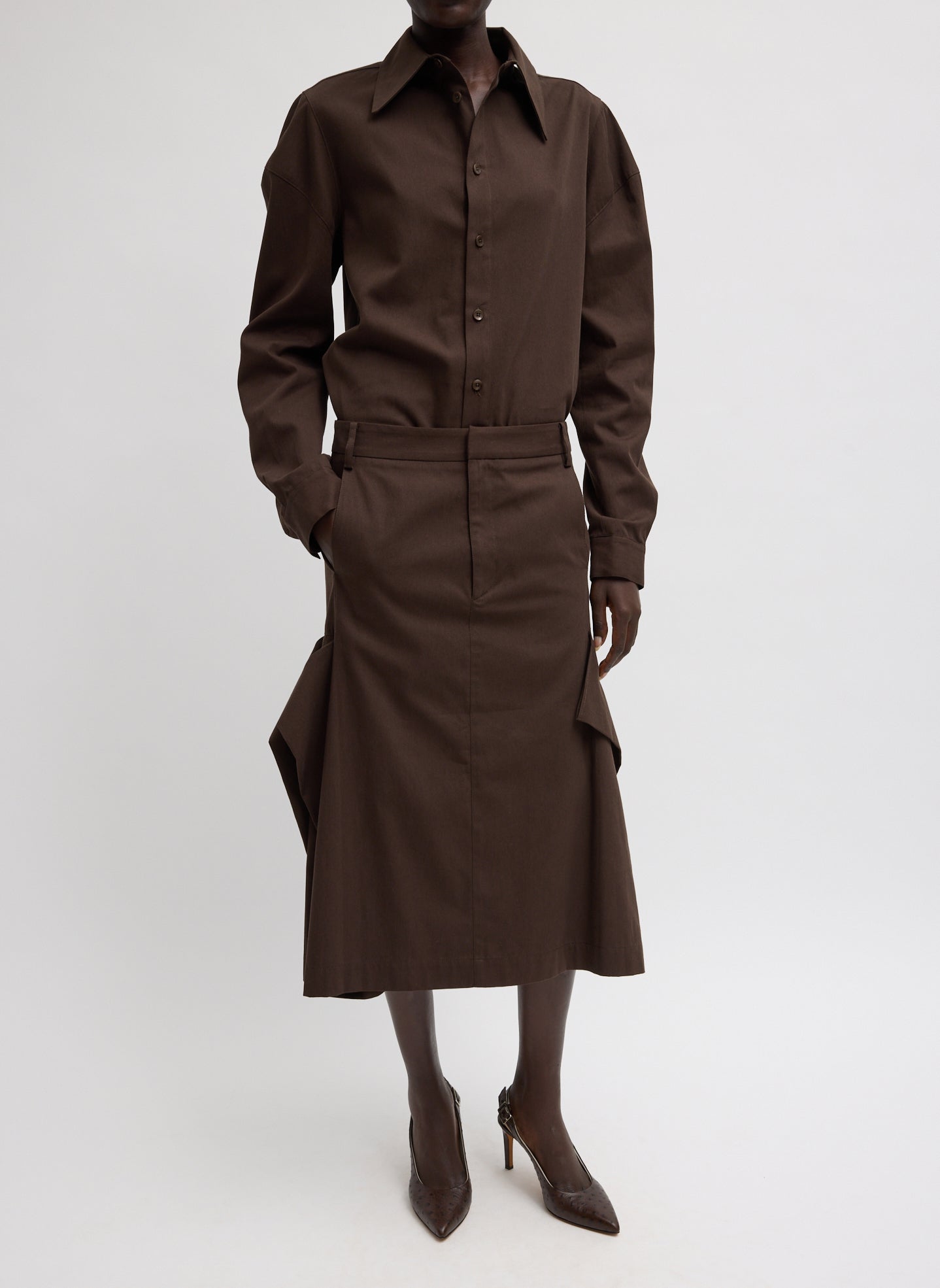 Luxe Spring Twill Tucked Pleat Skirt | Tibi Hickory Brown