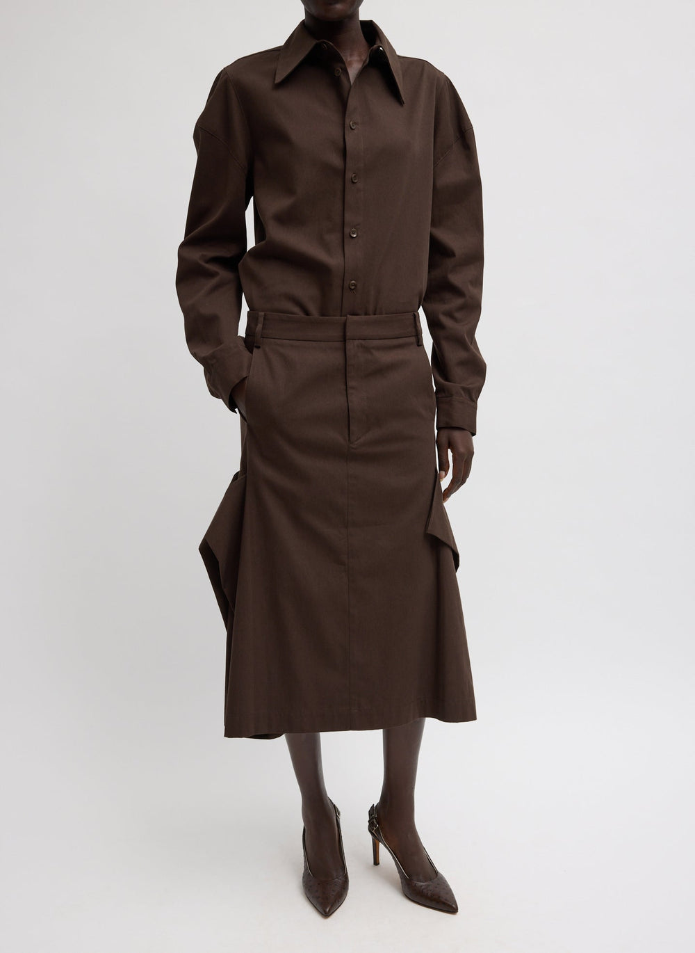 Luxe Spring Twill Tucked Pleat Skirt | Tibi Hickory Brown