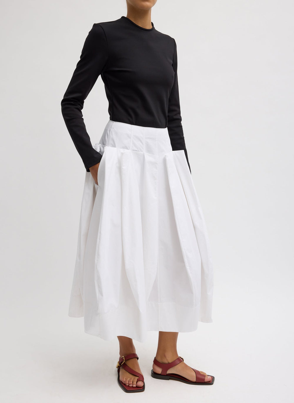 Compact Eco Poplin Pinched Pleat Full Skirt | Tibi White