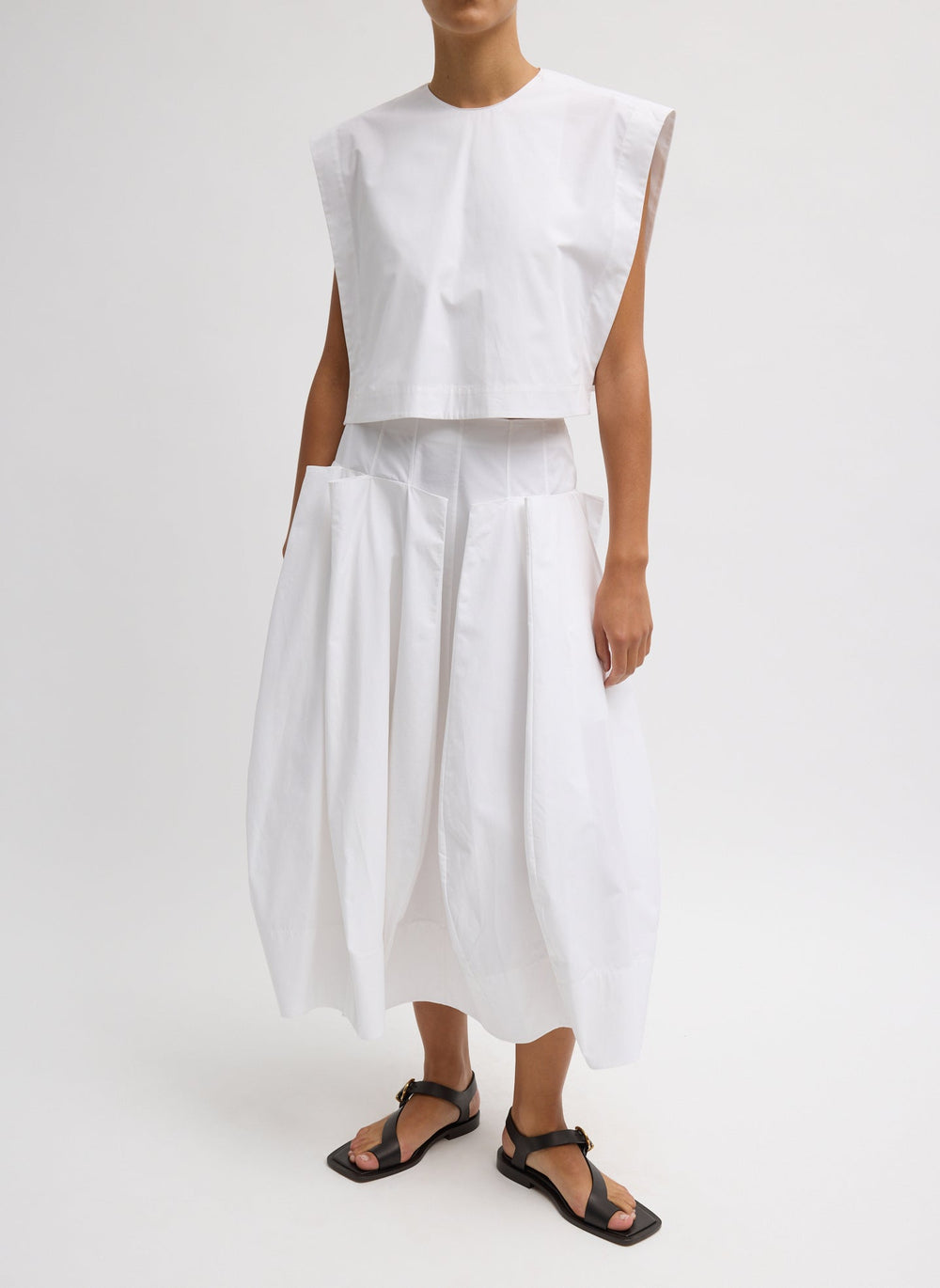 Compact Eco Poplin Pinched Pleat Full Skirt | Tibi White