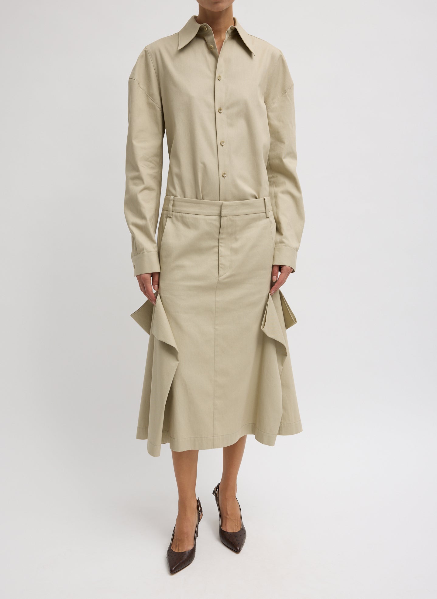 Luxe Spring Twill Tucked Pleat Skirt | Tibi Taupe