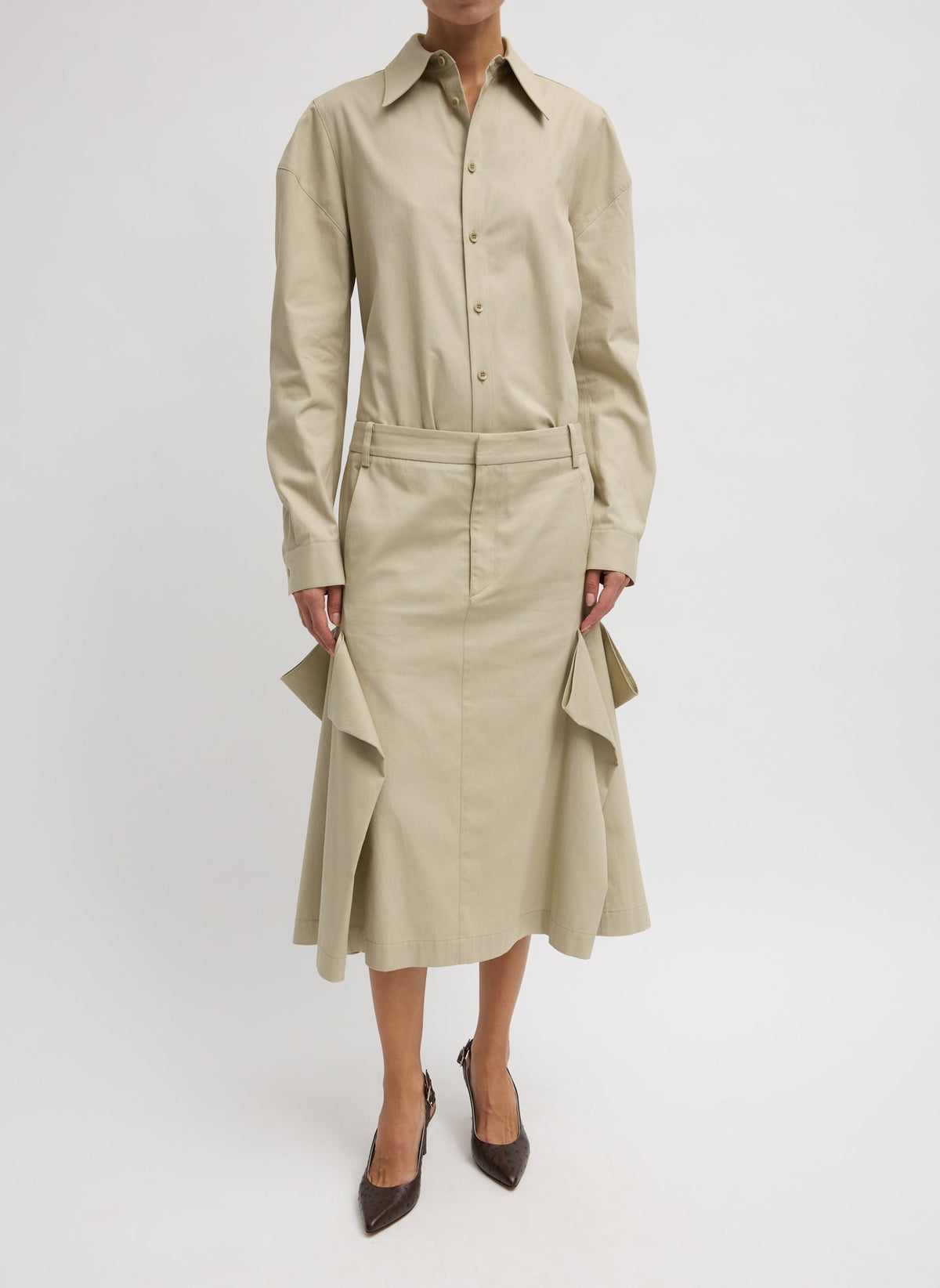 Luxe Spring Twill Tucked Pleat Skirt | Tibi Taupe