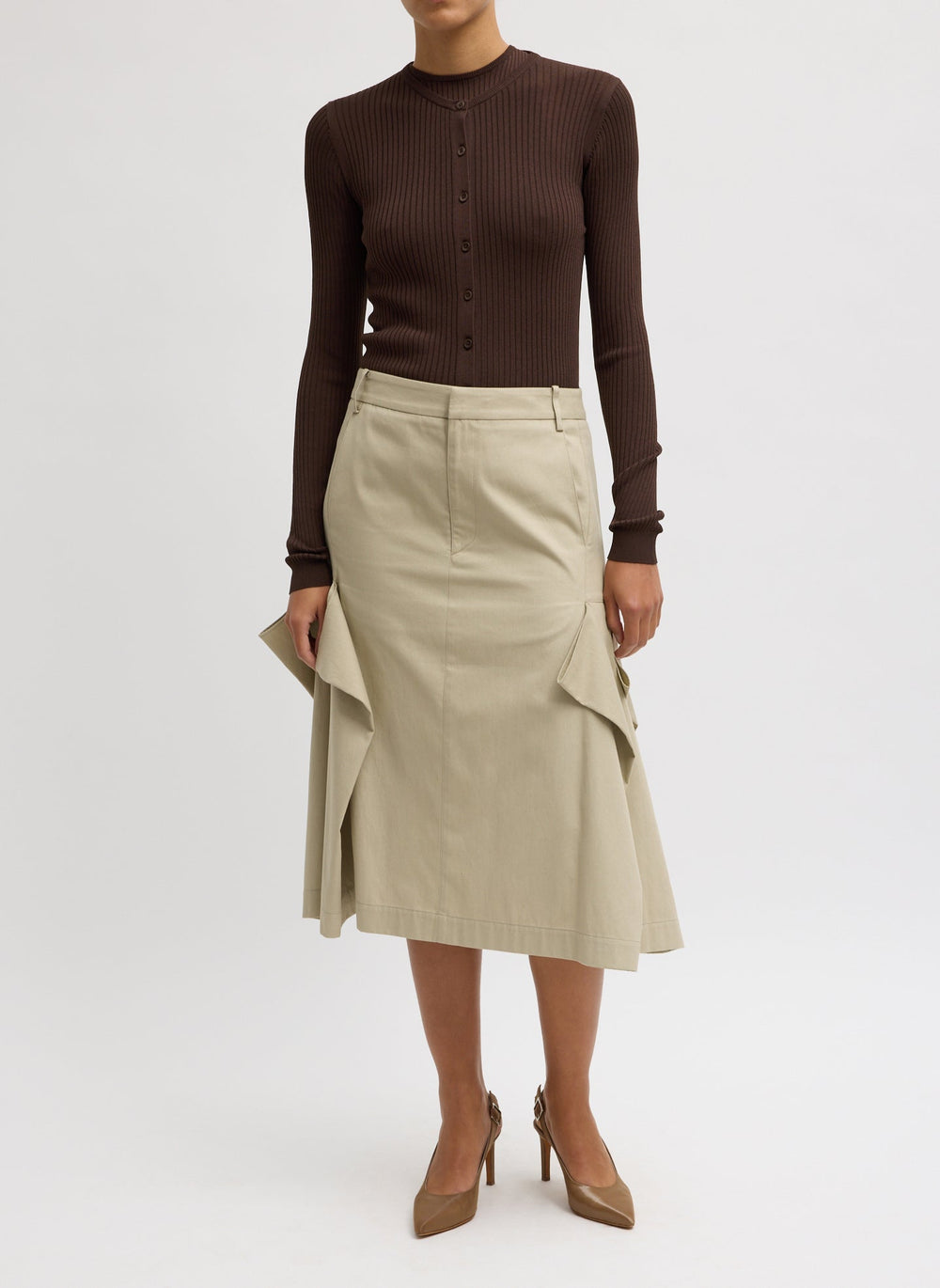 Luxe Spring Twill Tucked Pleat Skirt | Tibi Taupe