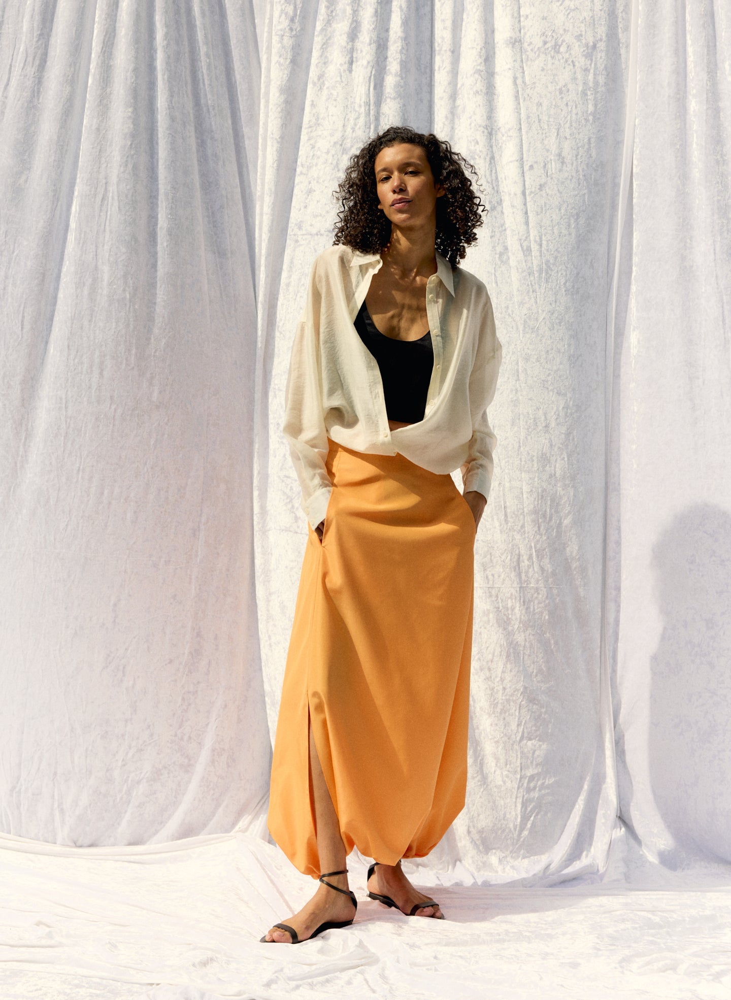 Summer Nylon Flat Front Jalouise Skirt | Tibi Orange