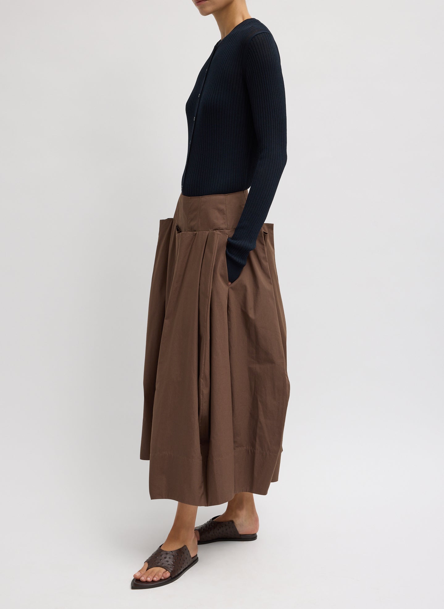 Compact Eco Poplin Pinched Pleat Full Skirt | Tibi Sepia Brown