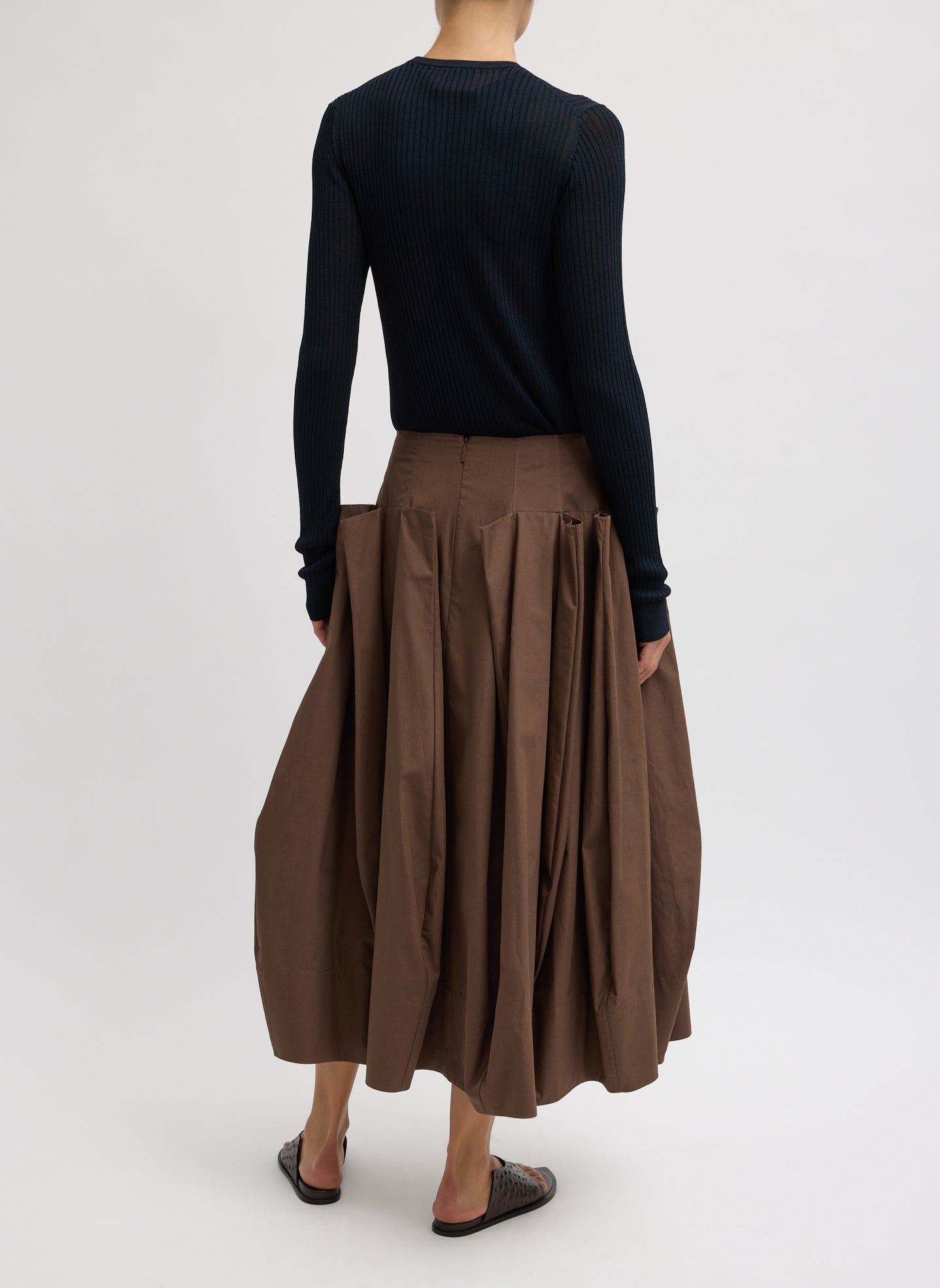 Compact Eco Poplin Pinched Pleat Full Skirt | Tibi Sepia Brown