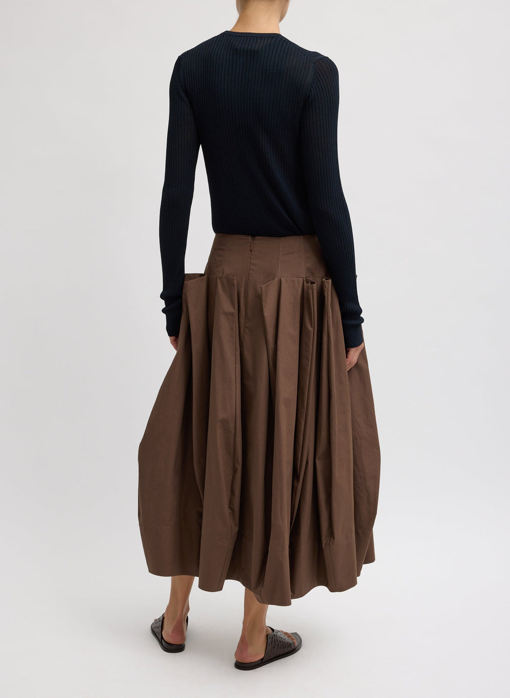 Compact Eco Poplin Pinched Pleat Full Skirt | Tibi Sepia Brown