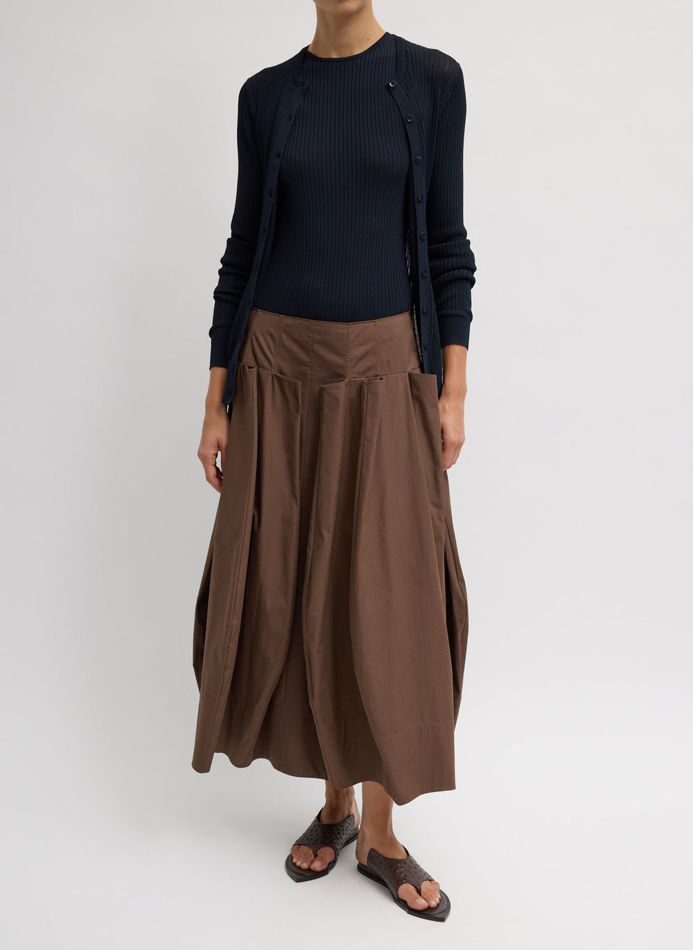 Compact Eco Poplin Pinched Pleat Full Skirt | Tibi Sepia Brown