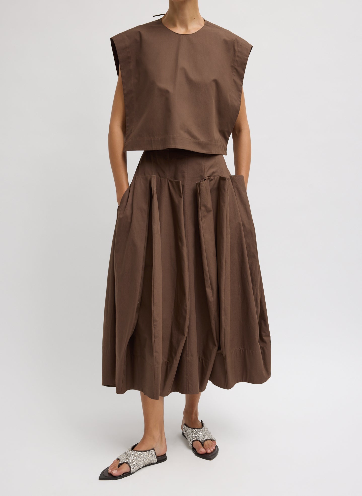 Compact Eco Poplin Pinched Pleat Full Skirt | Tibi Sepia Brown
