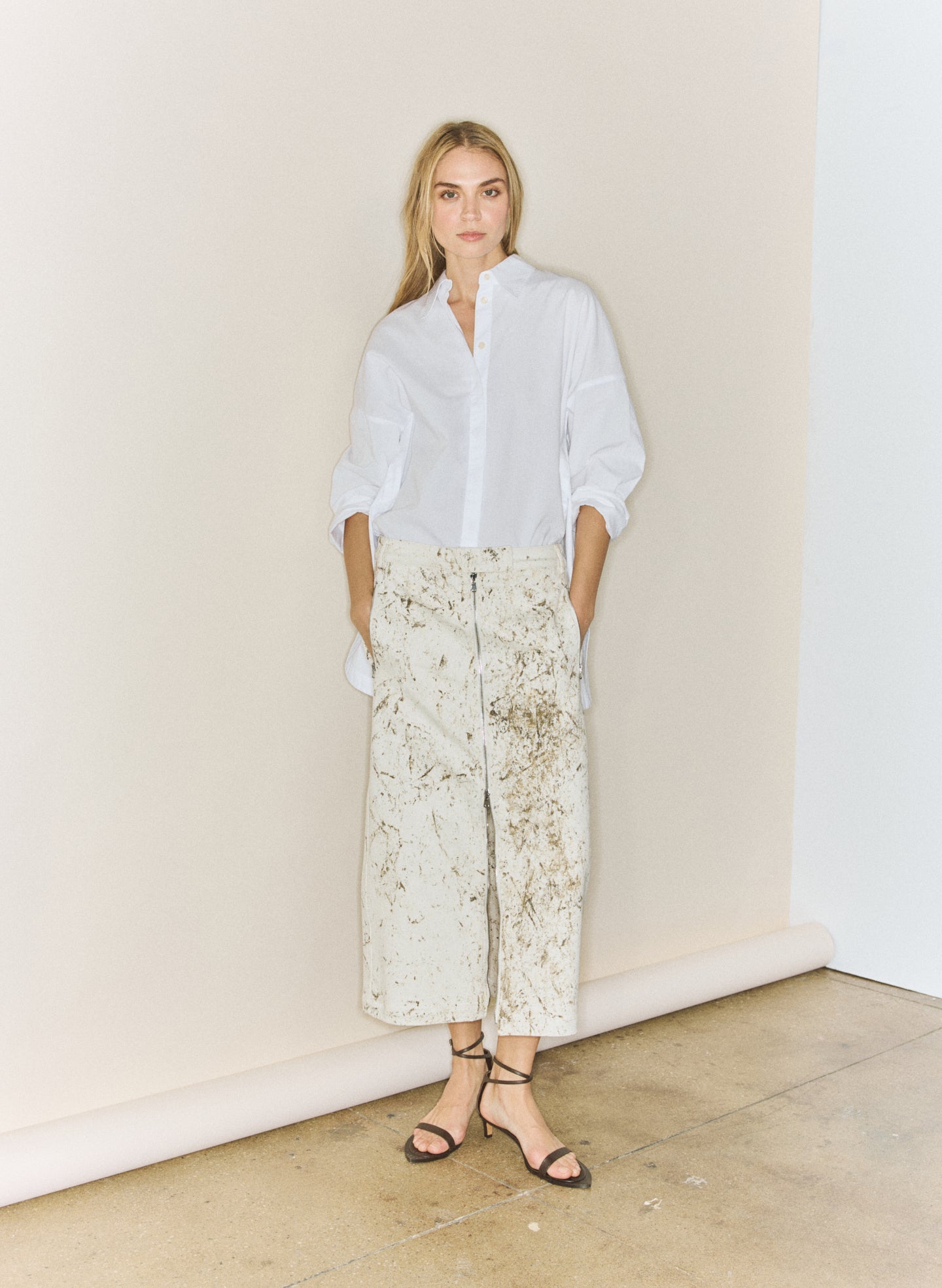 Calcimin Denim Midi Trouser Zip Skirt | Tibi Ivory Multi