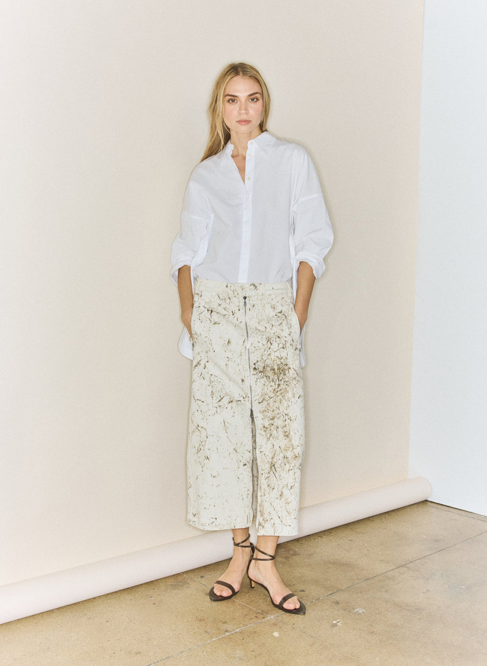 Calcimin Denim Midi Trouser Zip Skirt | Tibi Ivory Multi