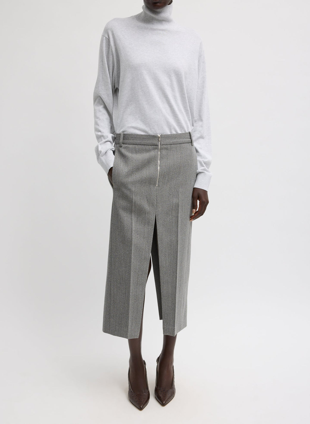 Structured Wool Zip Front Midi Trouser Skirt | Tibi Grey Multi