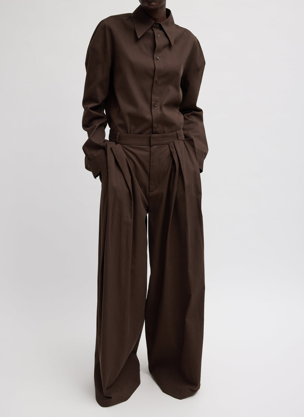 Luxe Spring Twill Tucked Pleated Wide Leg Trouser | Tibi Hickory Brown