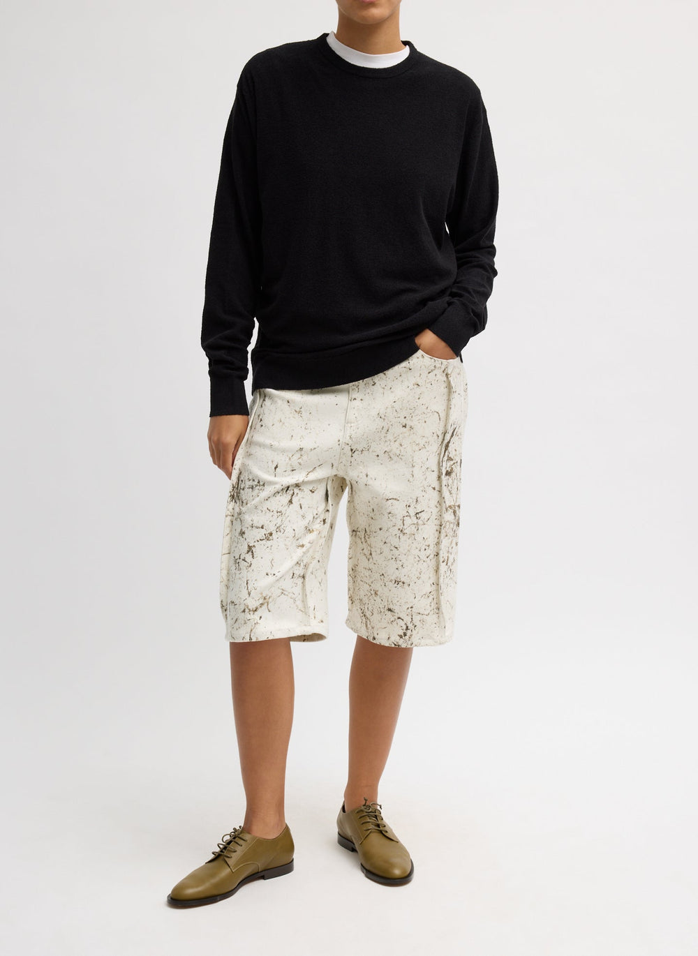 Calcimin Denim Tuck Jean Shorts | Tibi Ivory Multi