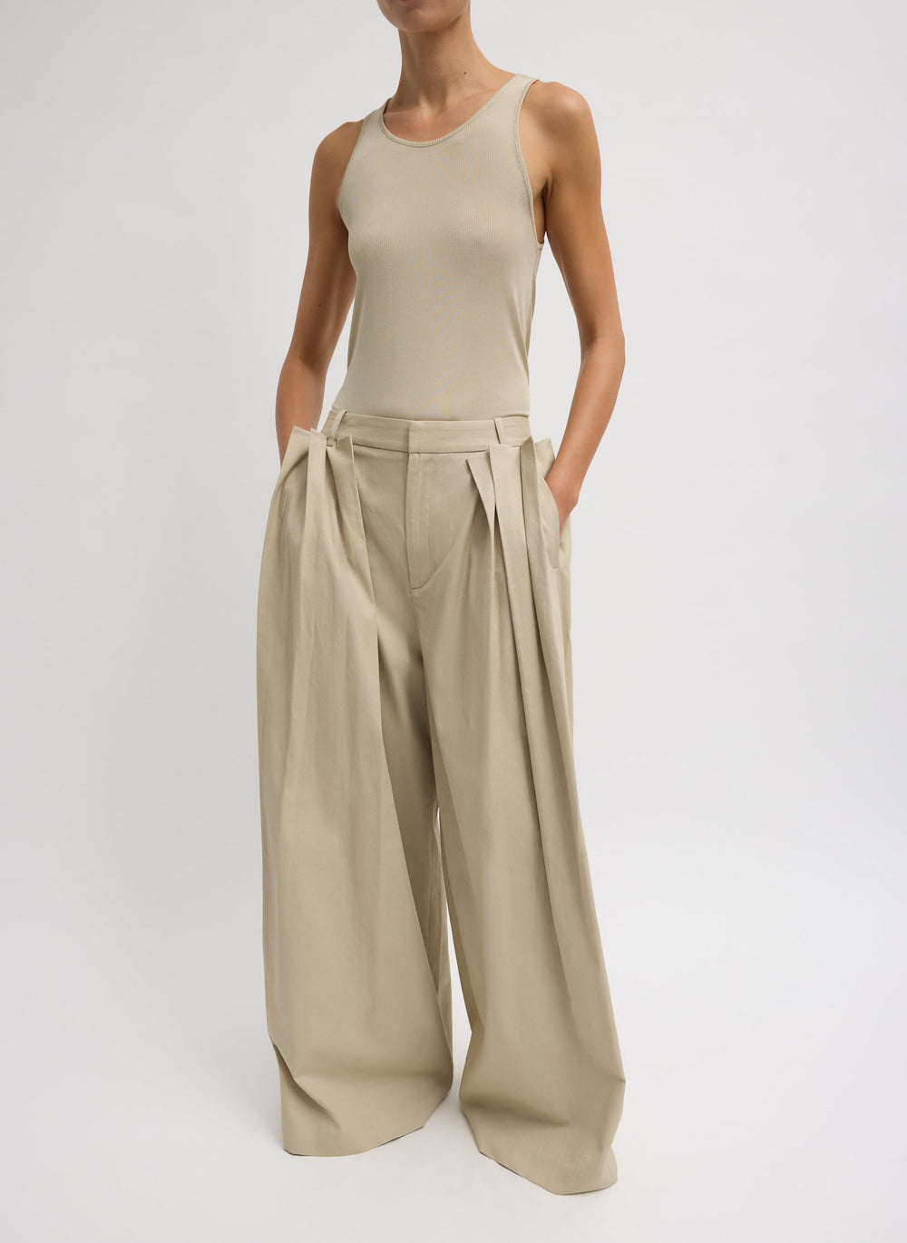 Luxe Spring Twill Tucked Pleated Wide Leg Trouser | Tibi Taupe