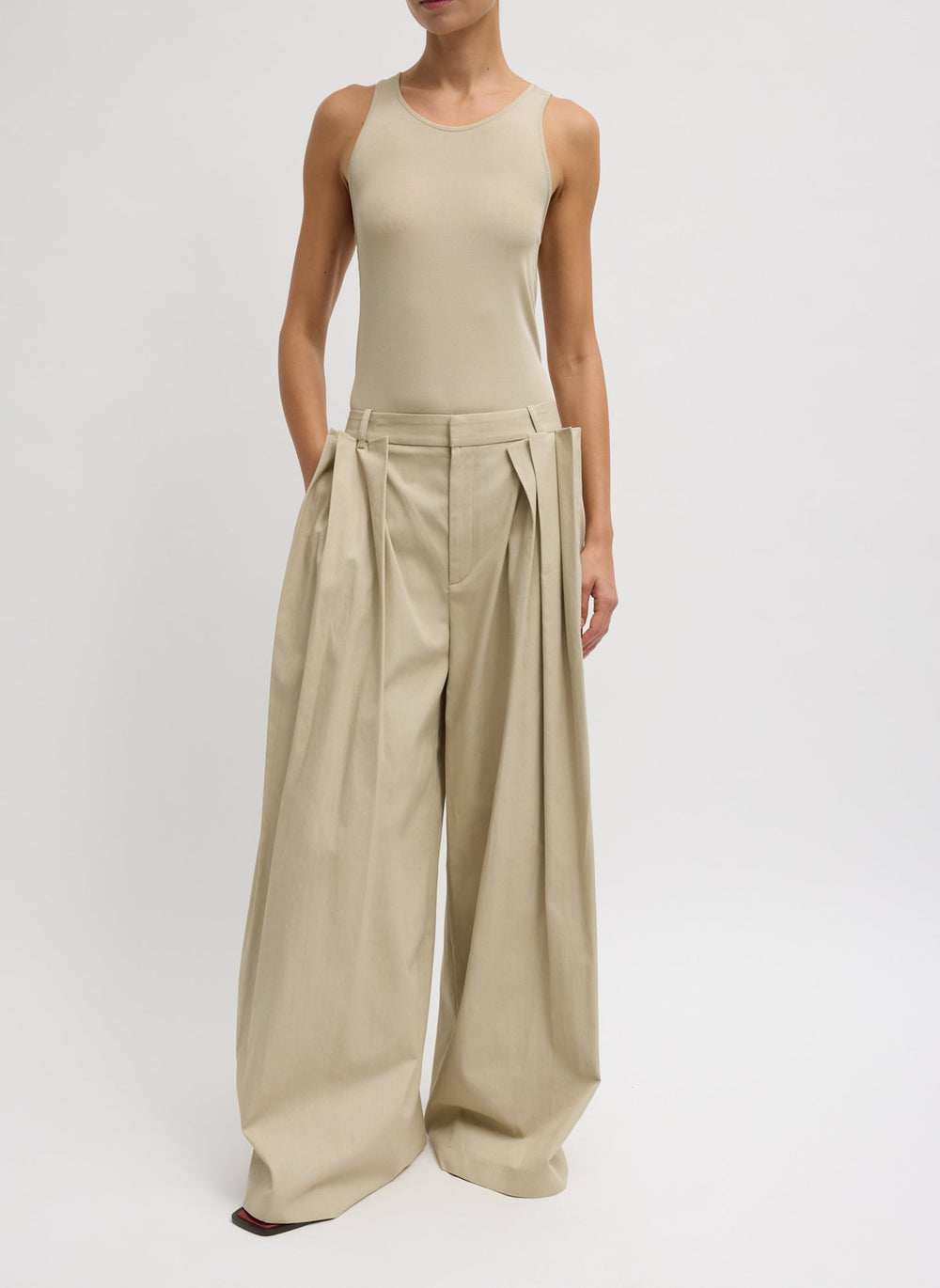 Luxe Spring Twill Tucked Pleated Wide Leg Trouser | Tibi Taupe