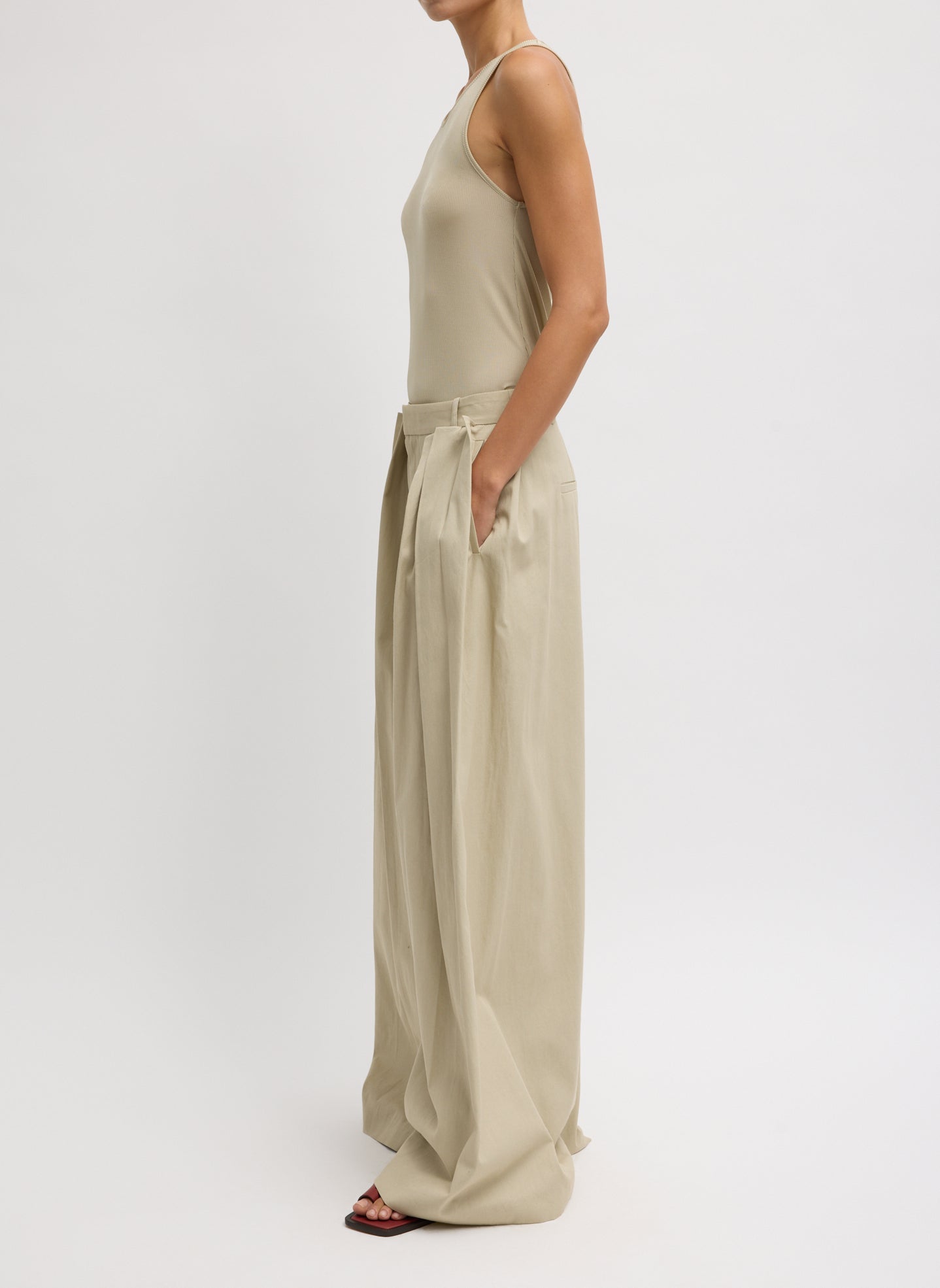Luxe Spring Twill Tucked Pleated Wide Leg Trouser | Tibi Taupe